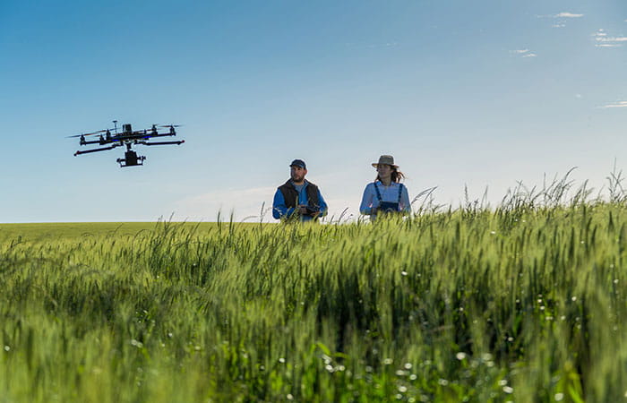 Un agriculteur en train de manipuler un drône au dessus d'un champs